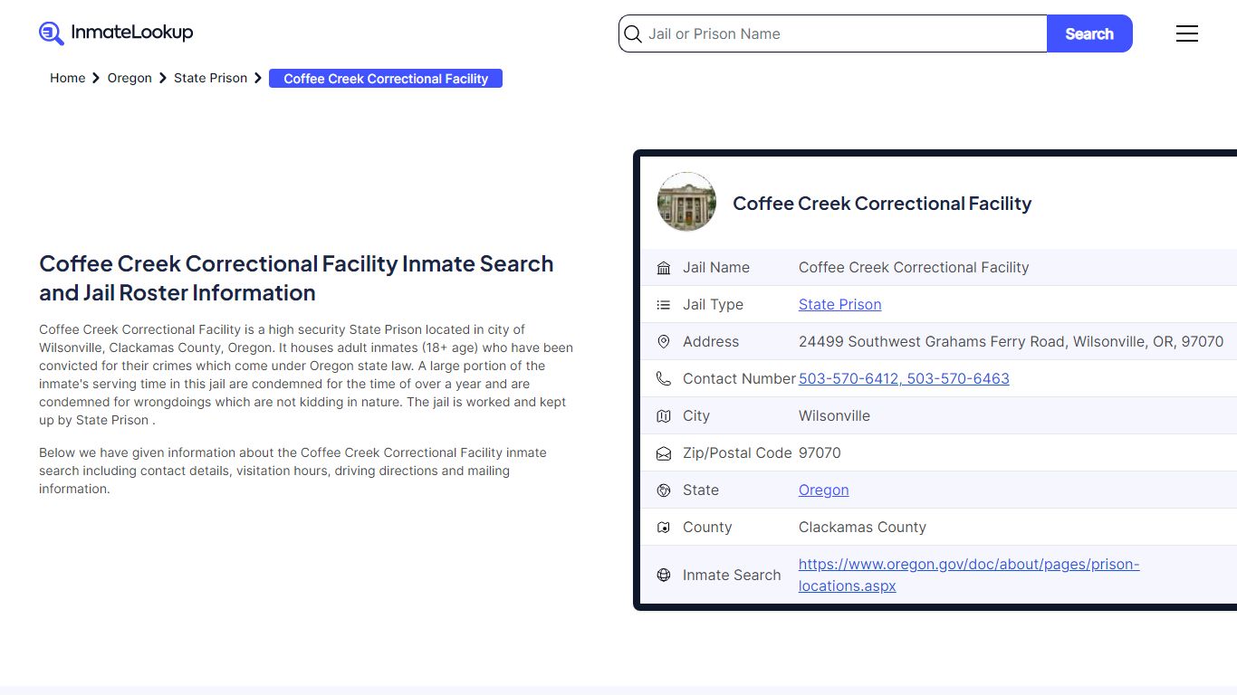 Coffee Creek Correctional Facility Inmate Search, Jail Roster, Bookings ...