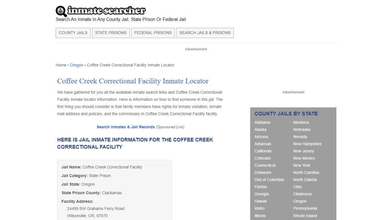 Coffee Creek Correctional Facility Inmate Locator - Inmate Searcher